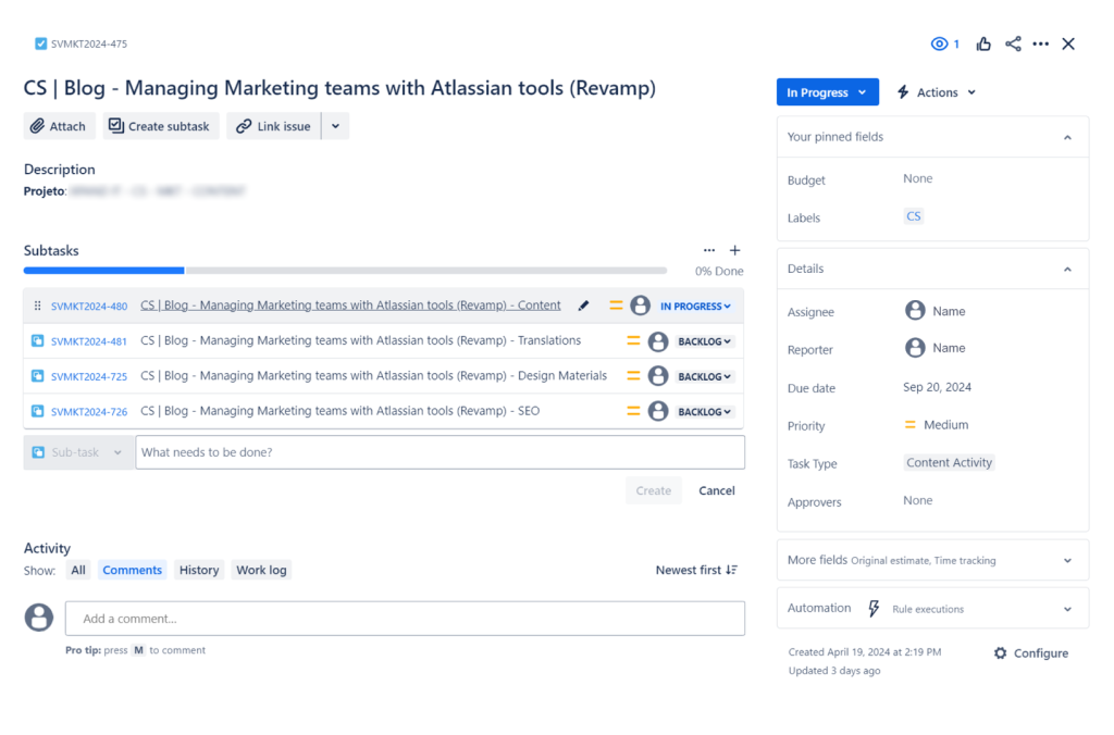 Detailed vision task of a Marketing initiative