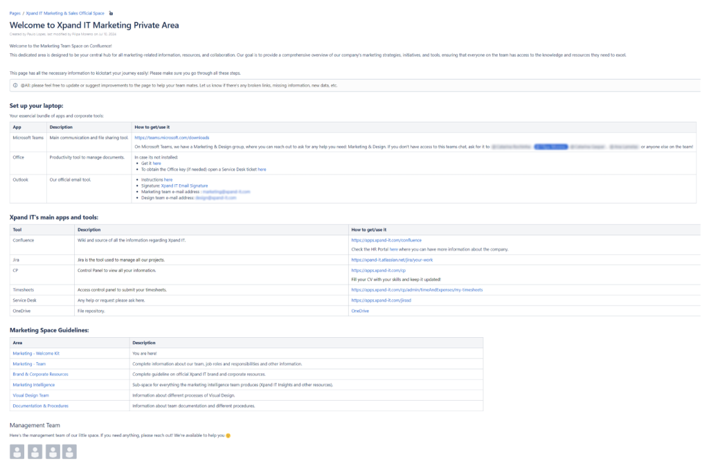Homepage do Confluence da equipa de Marketing da Xpand IT