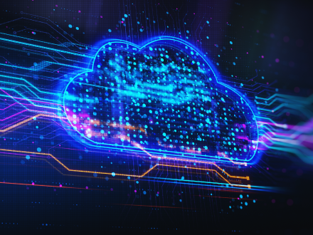Futuristic digital illustration of a blue tech cloud, made of circuits and interconnected data, symbolizing cloud computing and digital infrastructure.