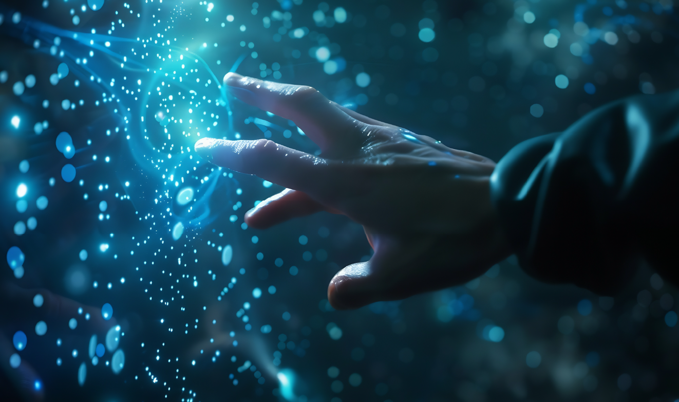 Mão estendida a interagir com uma interface digital abstrata, composta por luzes azuis e partículas flutuantes, simbolizando acessibilidade digital e interação tecnológica intuitiva.