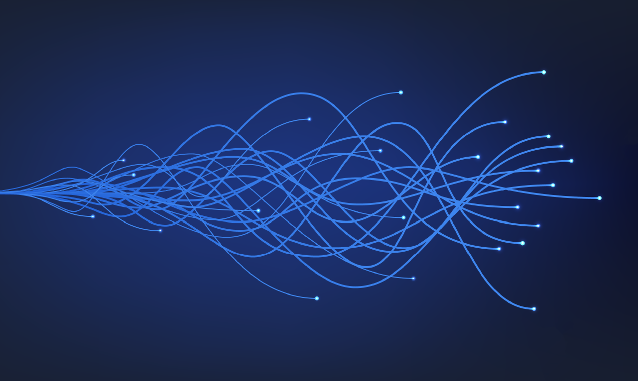 Abstract visualization of interconnected blue lines on a dark background, representing data flows, neural networks or artificial intelligence in motion, with a focus on agent-based system dynamics.