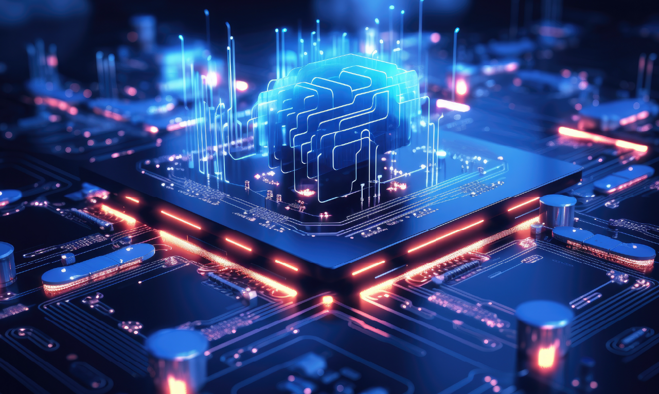 Representação digital de um cérebro artificial iluminado sobre um chip, simbolizando a integração de inteligência artificial com tecnologia de cloud computing como o Azure OpenAI.