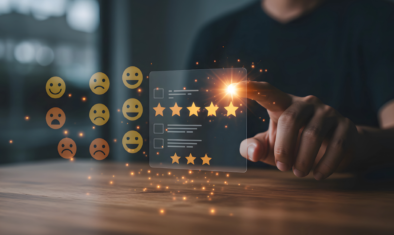 Pessoa a interagir com um ecrã virtual transparente, selecionando uma avaliação de cinco estrelas, rodeada por ícones de satisfação em diferentes expressões. Representação de experiência do utilizador e feedback digital.