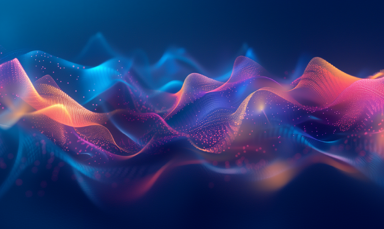 Representação abstrata de dados em movimento com ondas dinâmicas em tons de azul, roxo e laranja. Visual moderno que simboliza inteligência artificial, análise de dados e integração tecnológica.