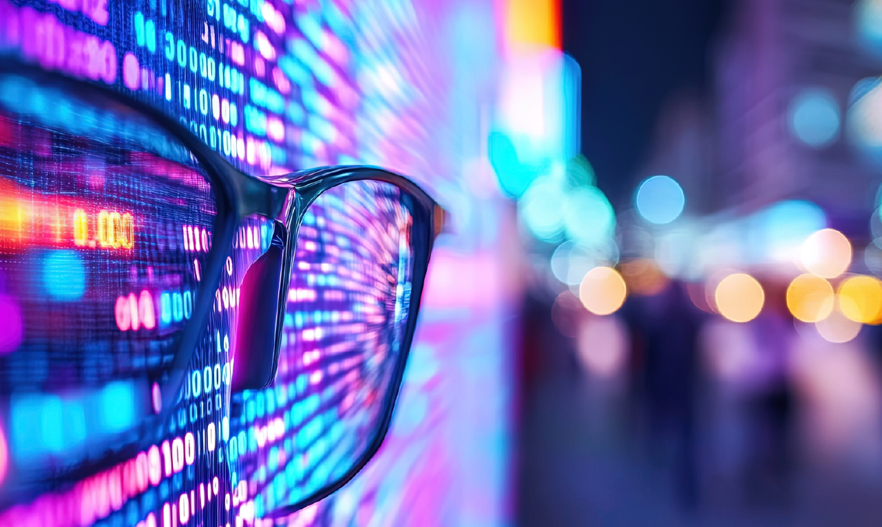 Óculos com reflexo de um painel digital cheio de dados binários em tons vibrantes de azul, rosa e roxo, com fundo urbano desfocado. Uma metáfora visual sobre clareza, foco e análise de informação no contexto de estratégia de experiência do utilizador.