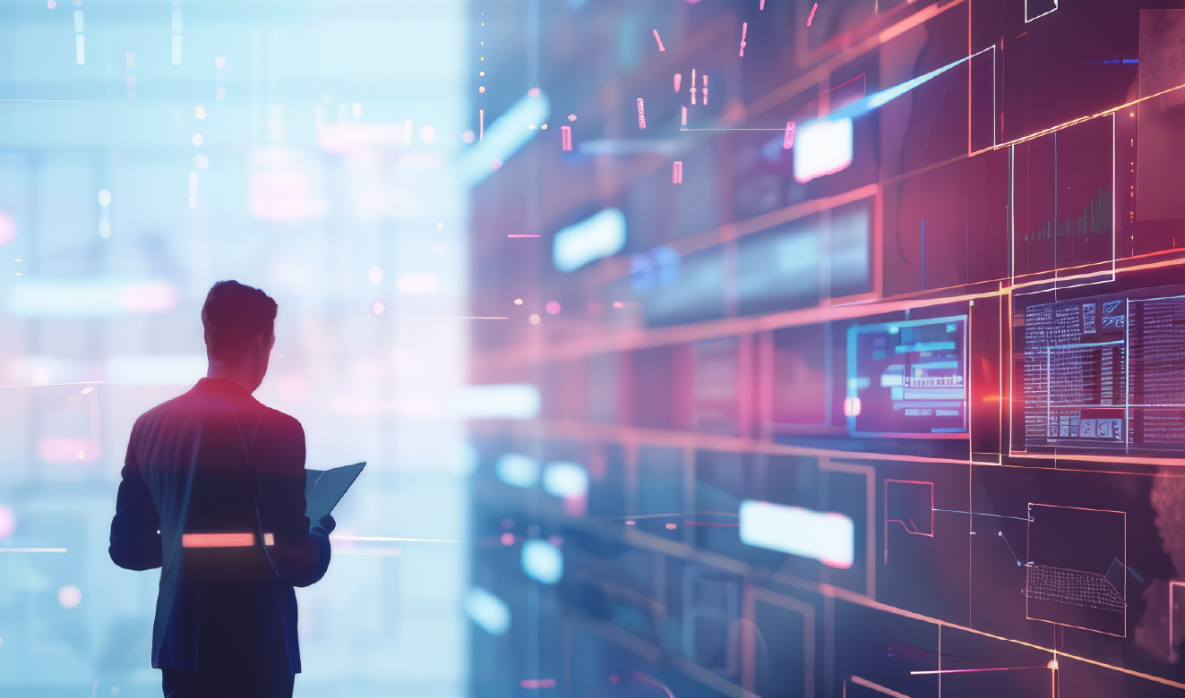Silhouette of a man holding a tablet, observing a virtual screen with multiple data panels and digital interfaces, in a futuristic and tech-driven environment.