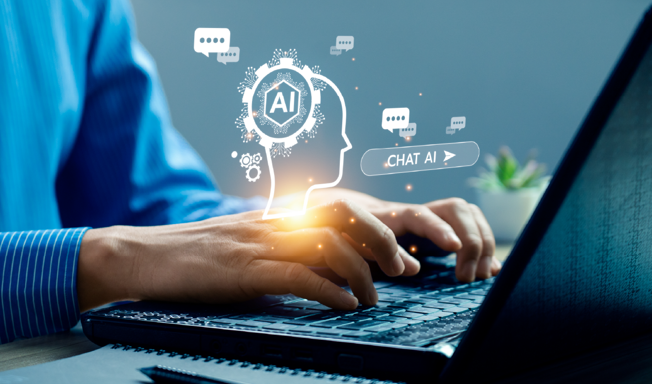Hands typing on a laptop keyboard with digital graphics of AI and chat elements, symbolizing interaction with artificial intelligence.
