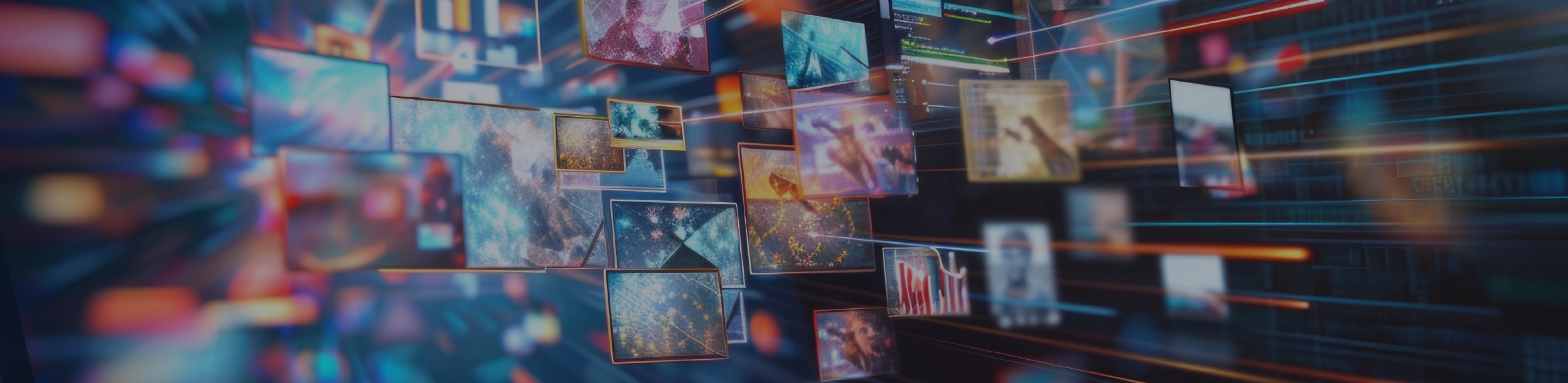 Representação abstrata do mundo digital, com múltiplas imagens flutuantes conectadas por linhas de luz, simbolizando a comunicação global, dados e tecnologia.