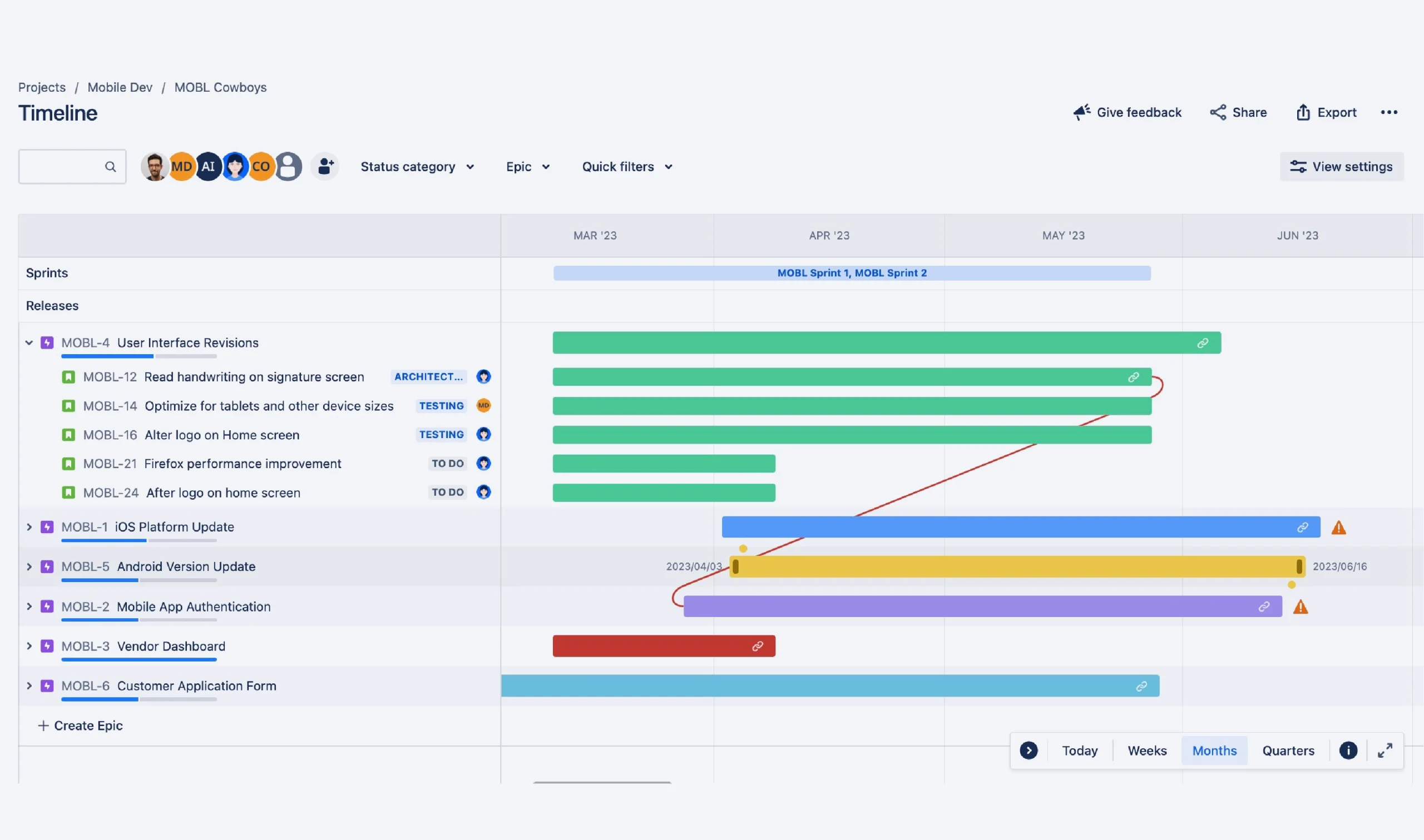 Linha temporal de projeto no Jira com várias tarefas organizadas por sprints e epics, ilustrando a distribuição e o progresso das atividades ao longo dos meses.