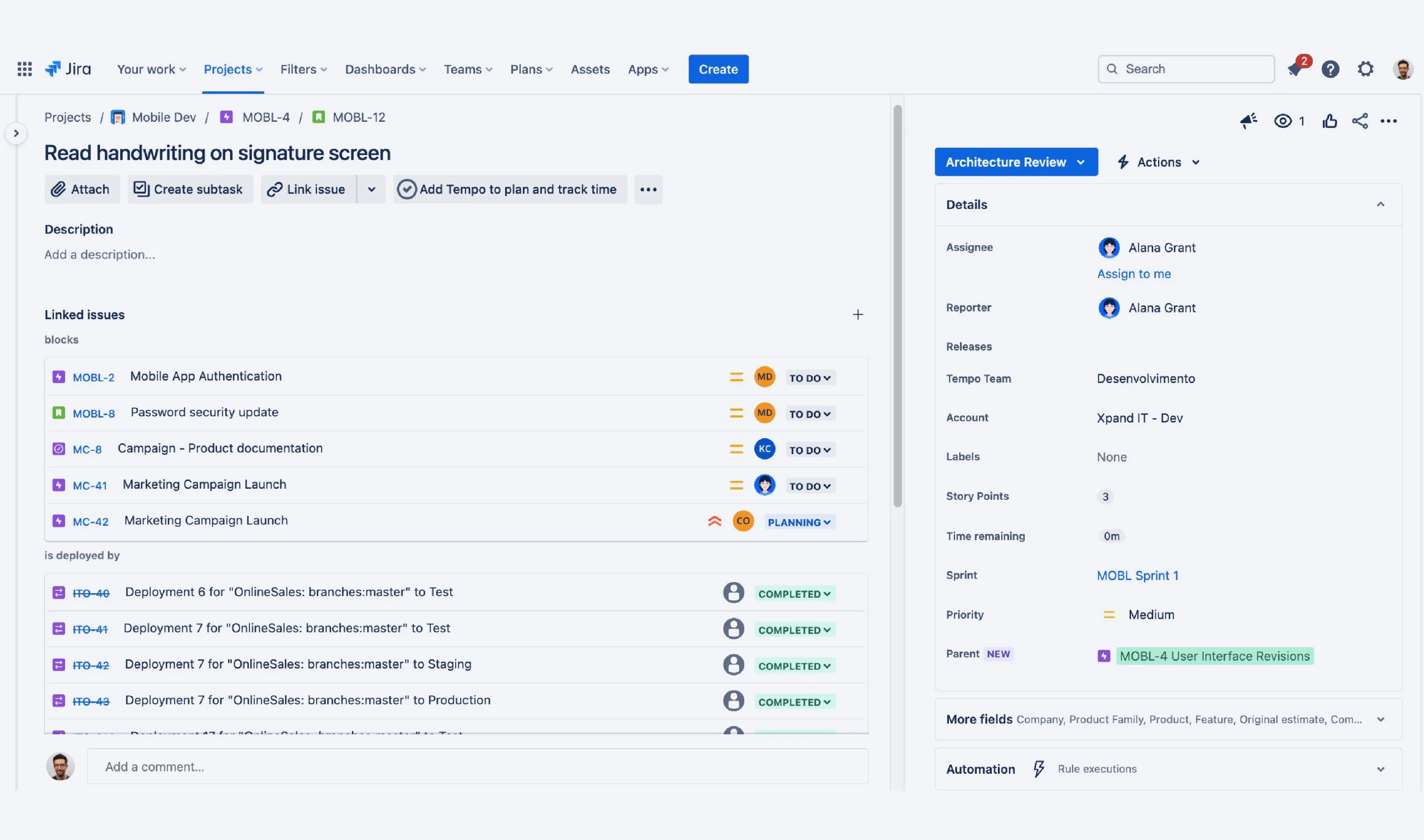 Ecrã do Jira a mostrar um detalhe de tarefa com ligações entre issues, subtarefas, equipa responsável e estado de progresso no desenvolvimento de um projeto mobile.
