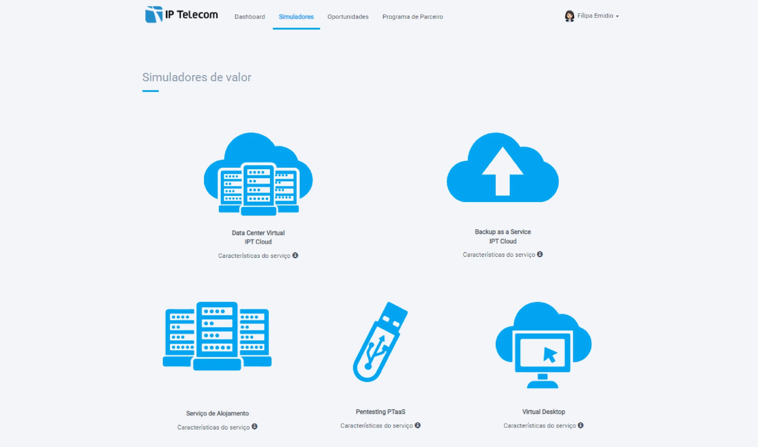 Página com ícones de serviços cloud da IP Telecom organizados em grelha. Os serviços incluem Data Center Virtual, Backup as a Service, Alojamento, Pentesting PTaaS e Virtual Desktop.