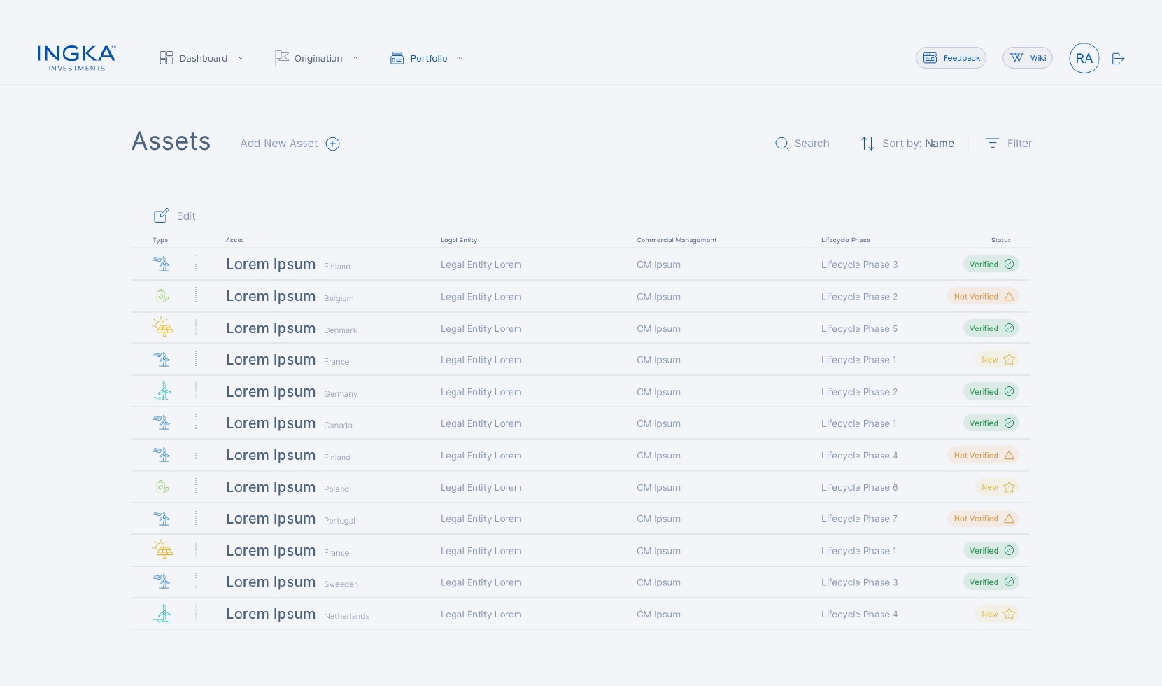 Screenshot of a digital platform by Ingka Investments for asset management. The interface displays a list of assets organized by type, location, legal entity, commercial management, lifecycle phase, and verification status. The design is minimalist, with icons and colored labels indicating different statuses.