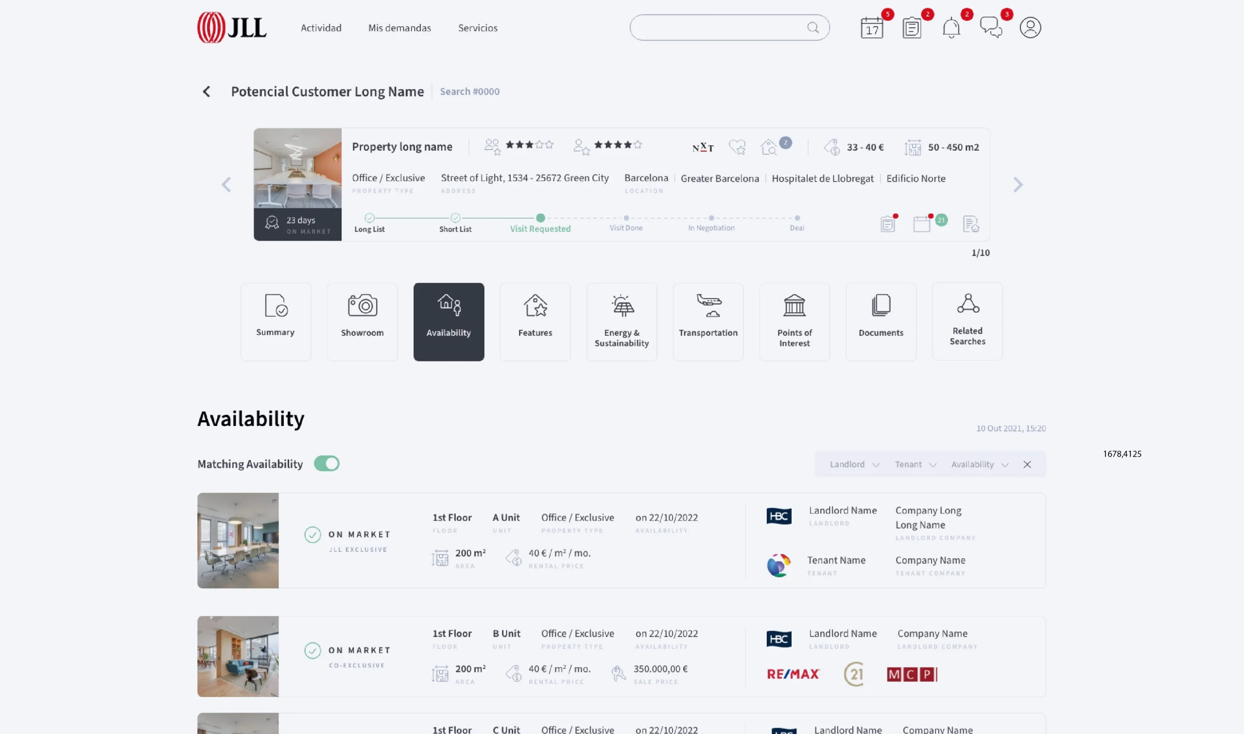 JLL digital application interface focused on commercial property availability, featuring filters and a detailed property listing.
