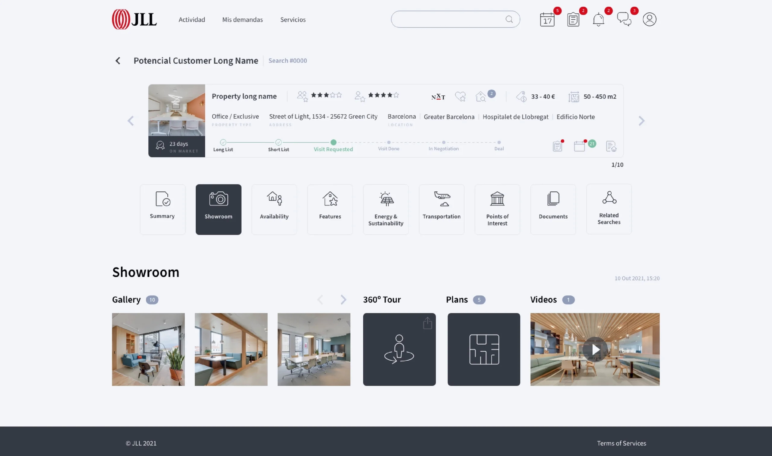 Digital platform showroom page, showcasing gallery images, 360° tour options, videos, and commercial space floor plans.