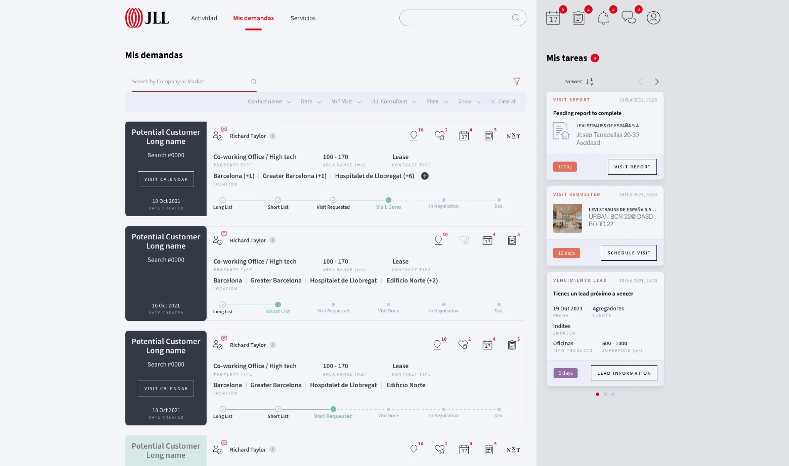View of client request management in an intuitive interface, featuring filters, pending tasks, and real estate search data.