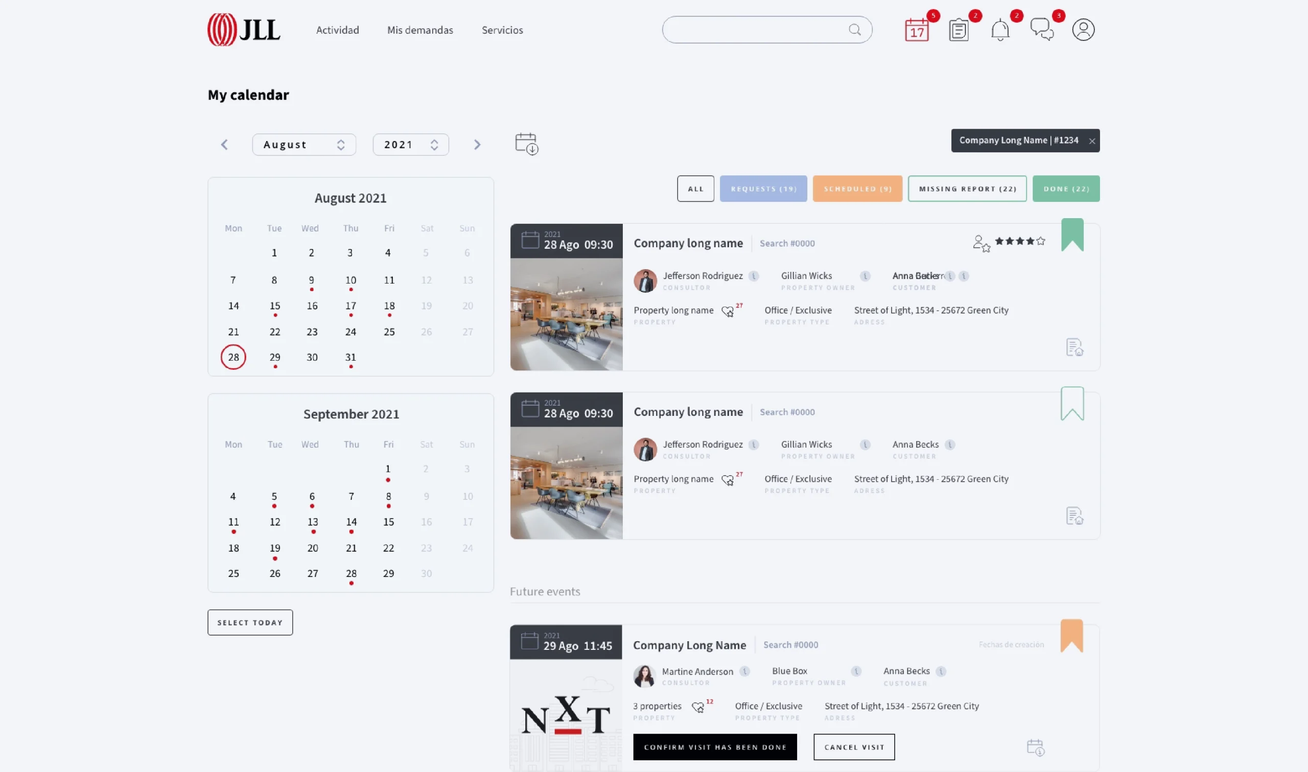 Digital agenda with an interactive calendar and scheduled property visit details, integrating client and asset data.