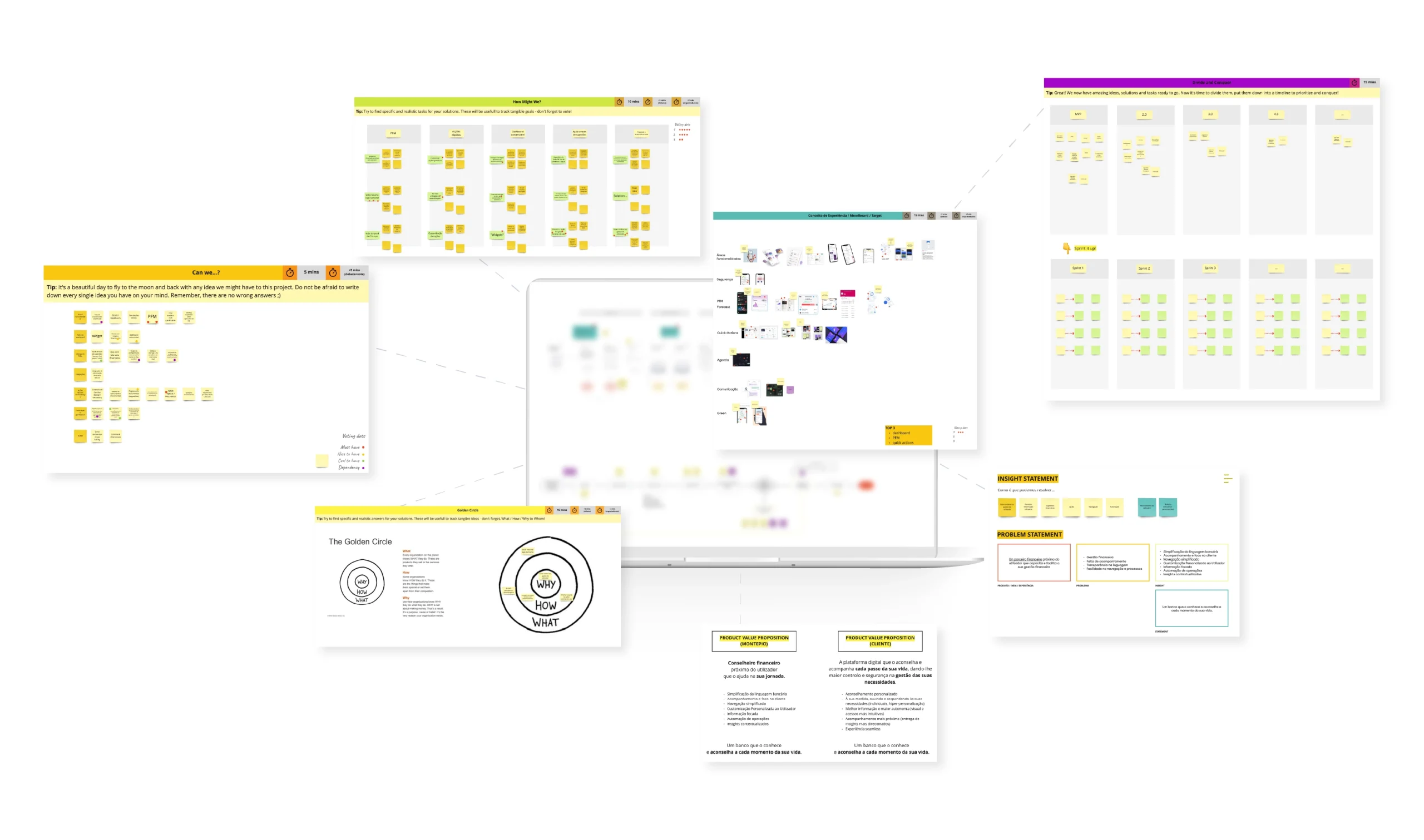 Digital interface displaying multiple collaborative workboards filled with virtual sticky notes, diagrams, and visual maps, indicating ideation sessions, brainstorming, and problem definition on a platform like Miro.