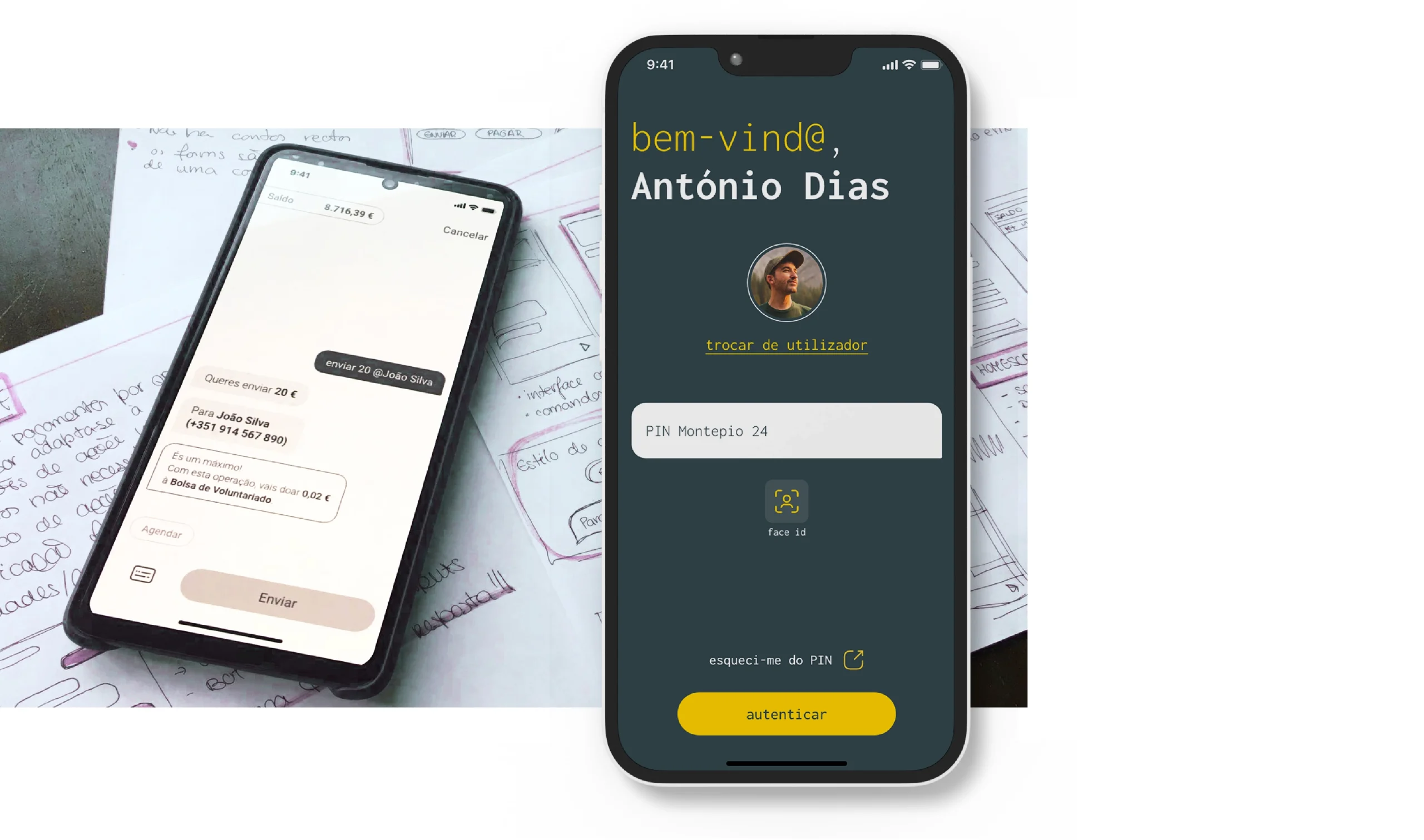 Two smartphones displaying the Montepio app interfaces — one showing a money transfer chat screen and the other a login screen with PIN and Face ID. In the background, hand-drawn wireframes reflect the app's design process.