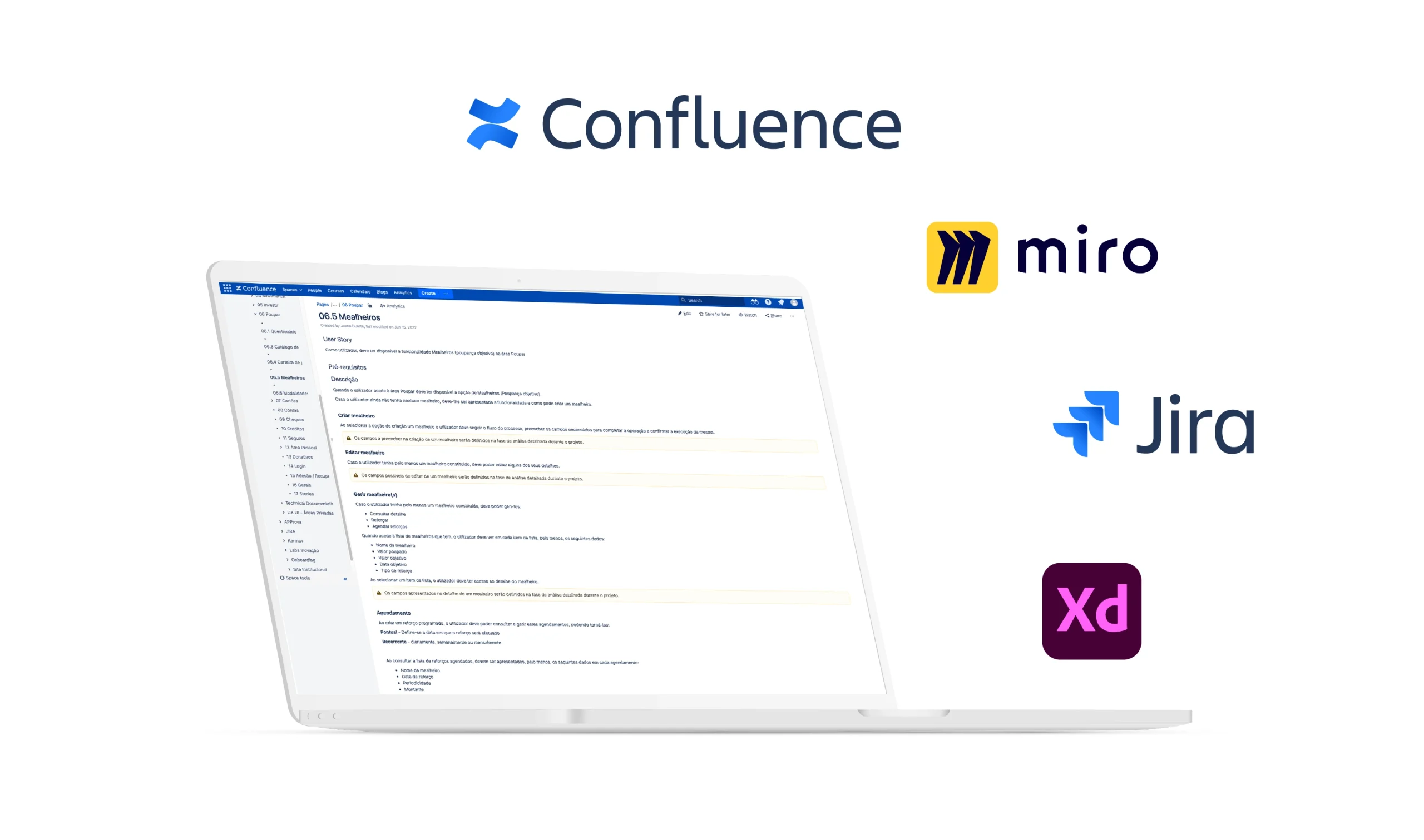 Confluence interface displayed on a laptop screen, highlighting a documented user story. Surrounding the screen are logos of collaborative tools such as Miro, Jira, and Adobe XD, representing the digital ecosystem supporting product development.
