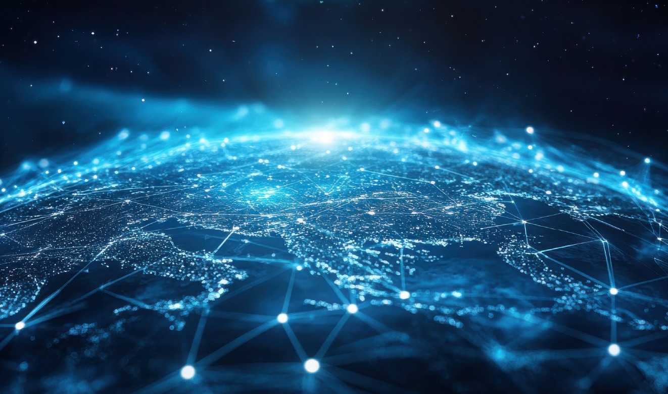 Vista digital estilizada do planeta Terra a partir do espaço, com uma rede de pontos interligados por linhas luminosas, representando conectividade global e transferência de dados em tempo real — conceito visual associado a cloud computing e bases de dados distribuídas.