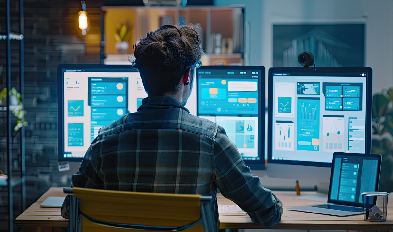 Profissional de UX design de costas a trabalhar com múltiplos monitores que exibem wireframes