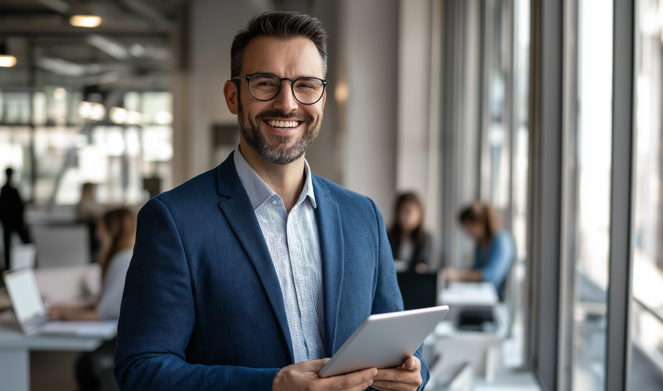 Homem sorridente com blazer azul e tablet nas mãos, em ambiente de escritório moderno com colegas ao fundo.