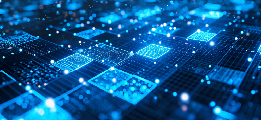 Grid-like digital structure with interconnected blue lights, illustrating data networks, large-scale processing, and distributed systems.