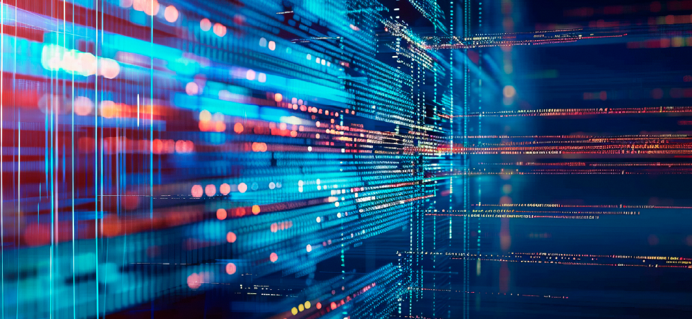 Futuristic visualization of digital data and flowing code, representing information transfer and data streams in intelligent systems.