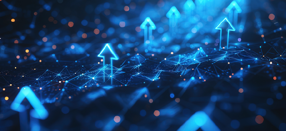 Digital illustration of a tech cloud with upward-pointing blue arrows, symbolizing growth, scalability, and innovation in cloud environments.