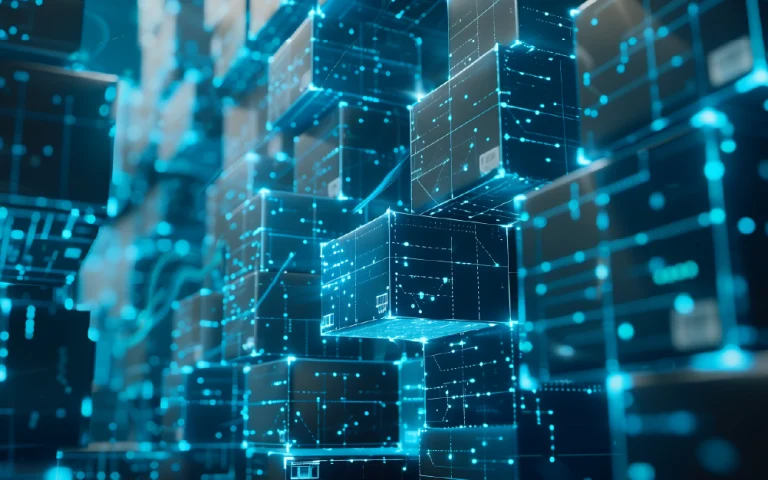 3D representation of multiple illuminated digital cubes, interconnected through a network of blue dots and lines, illustrating the power of AI in personalizing user experiences based on data.