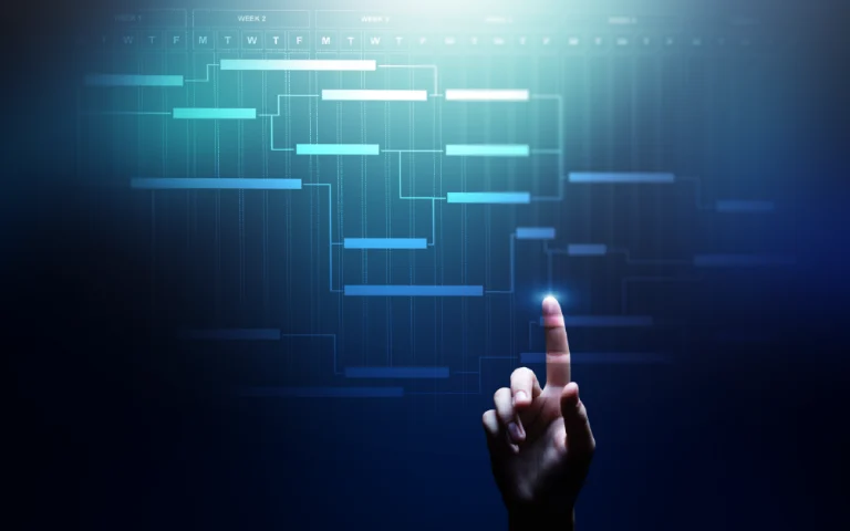 Human hand interacting with a digital screen displaying a Gantt chart, indicating project planning and management. The image reflects the use of Atlassian tools for task control and continuous development.