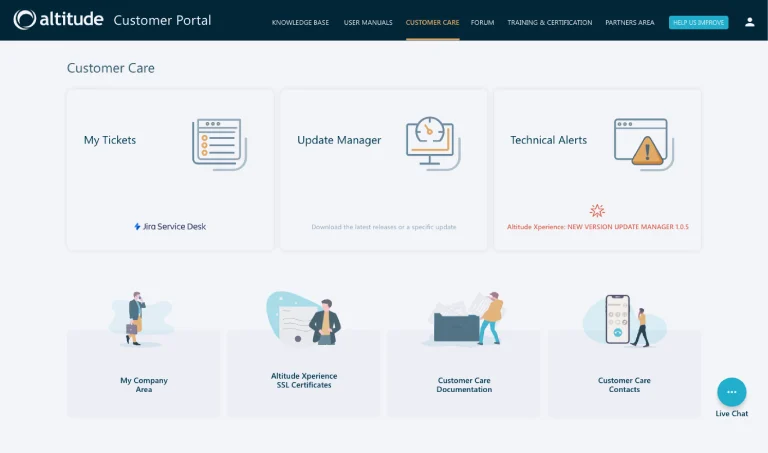 Área de apoio ao cliente no portal da Altitude, com opções como tickets, atualizações e alertas técnicos.