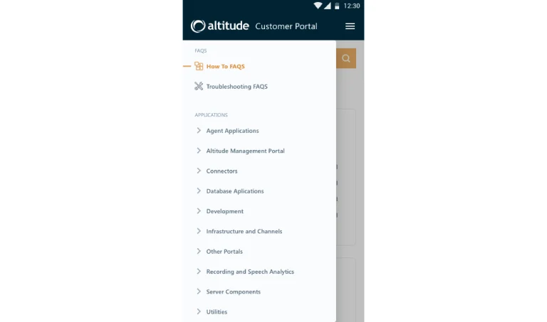 Menu lateral do portal da Altitude em versão mobile com lista de aplicações e categorias de suporte.