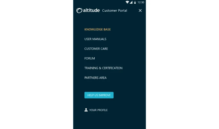 Navegação principal do portal Altitude em ecrã móvel com ligações a áreas como manuais, suporte e formação.