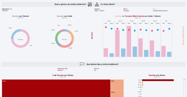 Painel analítico com gráficos sobre o género, faixa etária e idioma da audiência, incluindo gráficos circulares, de barras e mapas de calor.