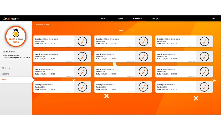 Screen showing the different bet.pt program levels and options to redeem points for betting bonuses.