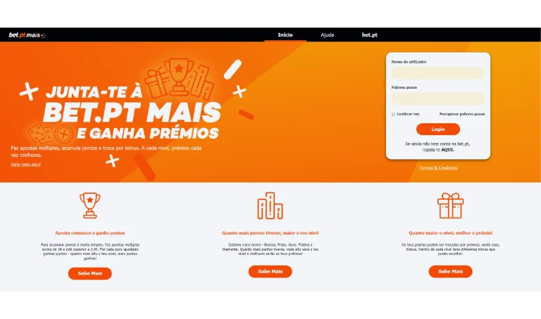 Entry page of bet.pt loyalty program, with call to join, login form, and information on how to earn points and rewards.