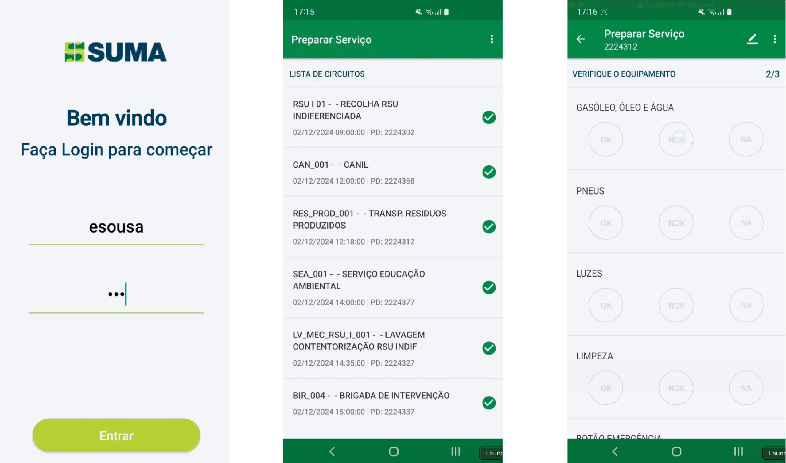 Screenshots of the SUMA application showing the login and service preparation screens.