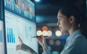 Profissional a analisar dados num ecrã grande com gráficos e indicadores de desempenho, em ambiente tecnológico.