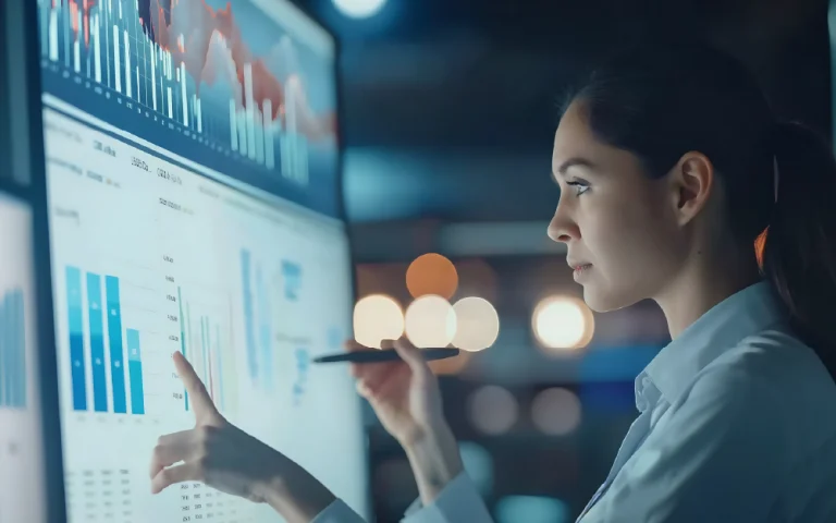 Professional analyzing data on a large screen with charts and performance indicators, in a tech-driven environment.