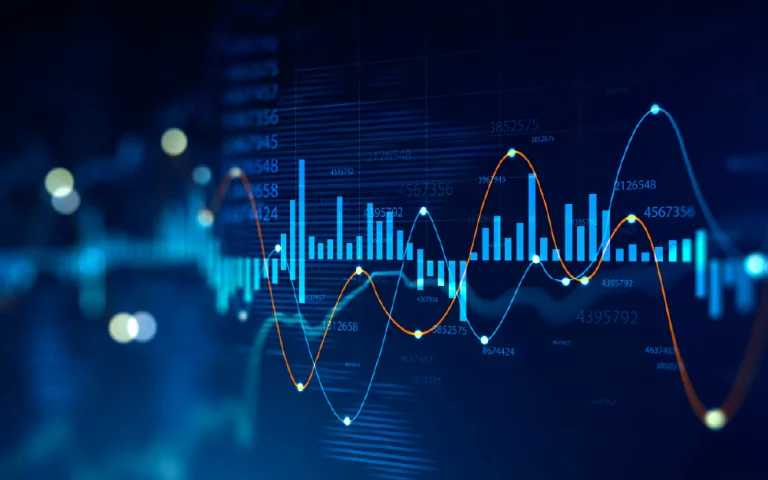 Visualization of bar and line charts on a dark blue background, representing data analysis and business metrics.