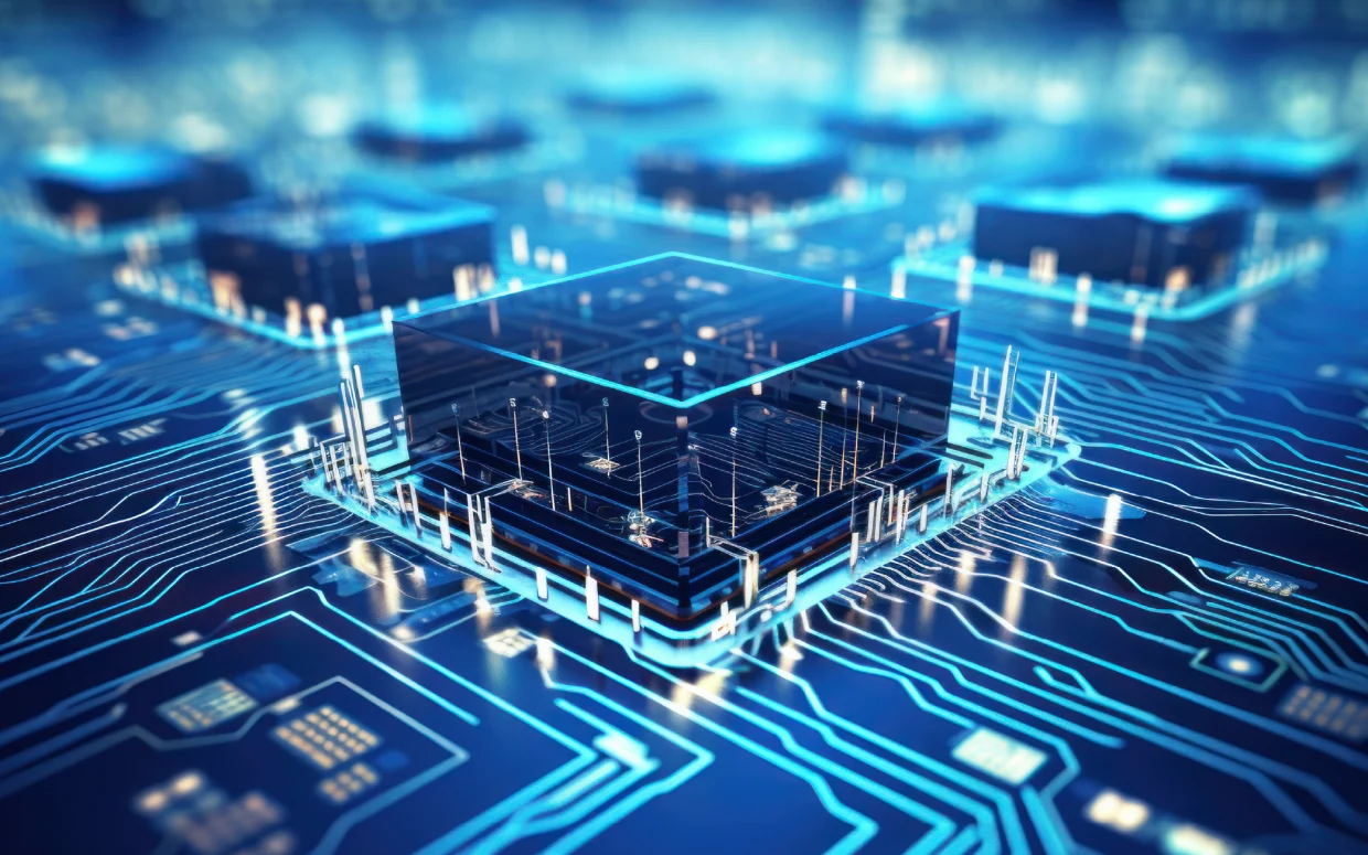 3D rendering of a futuristic microchip on a blue motherboard, with electronic circuits and digital glow effects. Suggests innovation in hardware and digital performance.