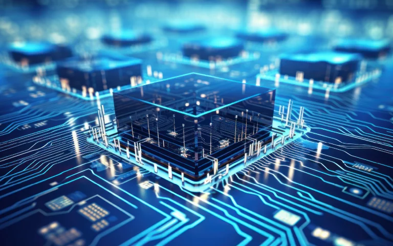 3D rendering of a futuristic microchip on a blue motherboard, with electronic circuits and digital glow effects. Suggests innovation in hardware and digital performance.