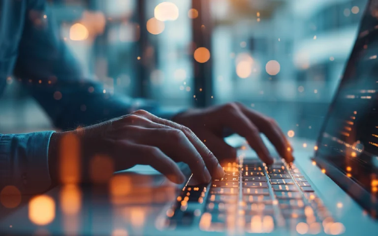 Male hands typing on a laptop keyboard, with a blurred background of a modern workspace and floating digital light particles.