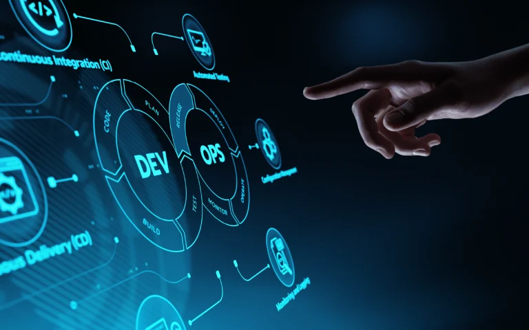 Digital interface displaying the DevOps cycle, including continuous integration, continuous delivery, and configuration management, with a hand pointing to interactive elements. A visual concept of automation and operations in tech.
