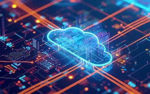 Ilustração de uma cloud digital azul sobre um circuito tecnológico detalhado, com elementos de dados em tons neon e linhas de ligação complexas.