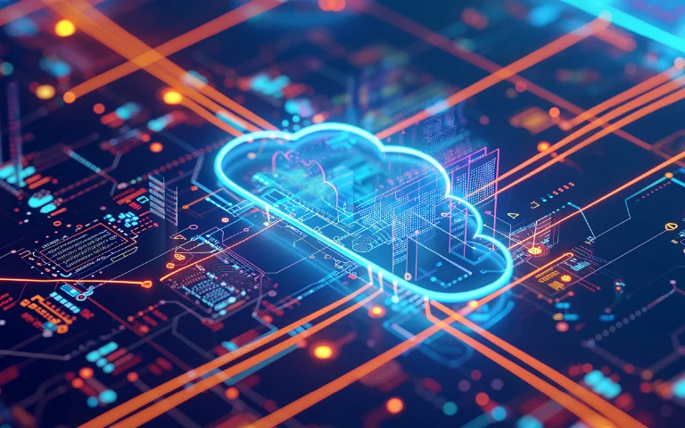 Illustration of a digital blue cloud over a detailed tech circuit, featuring neon data elements and complex connection lines.