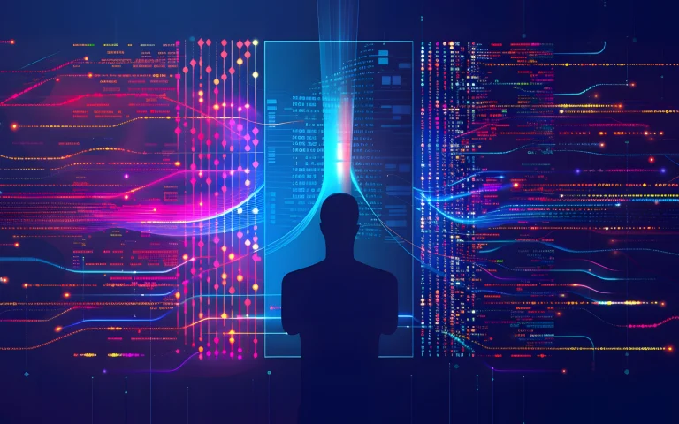 Digital illustration of a blue motherboard with multiple interconnected processors, representing advanced technology system architecture.