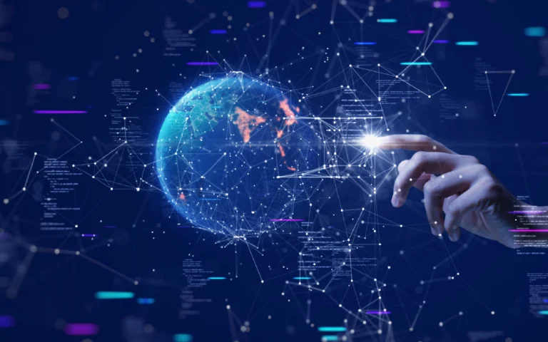 Human hand interacting with a digital representation of the Earth, connected to data networks and code elements on a dark background.