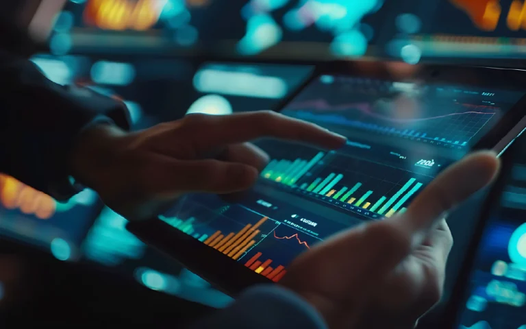 Close-up de mãos a usar um tablet com vários gráficos de barras e linhas, num ambiente digital com múltiplos ecrãs de dados em segundo plano.